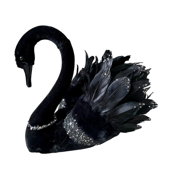 Bella Lux 14" Black Swan Figurine With Feathers & Sequins Chic Halloween Decor - Picture 13 of 16